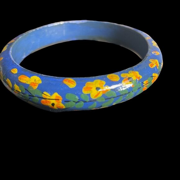 Handcrafted Wooden Floral Bangle Set Boho Chic Hand Painted Colorful Retro Artsy - Picture 6 of 8